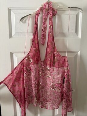 Zara Pink Paisley Halter Camisole with Metallic Accents